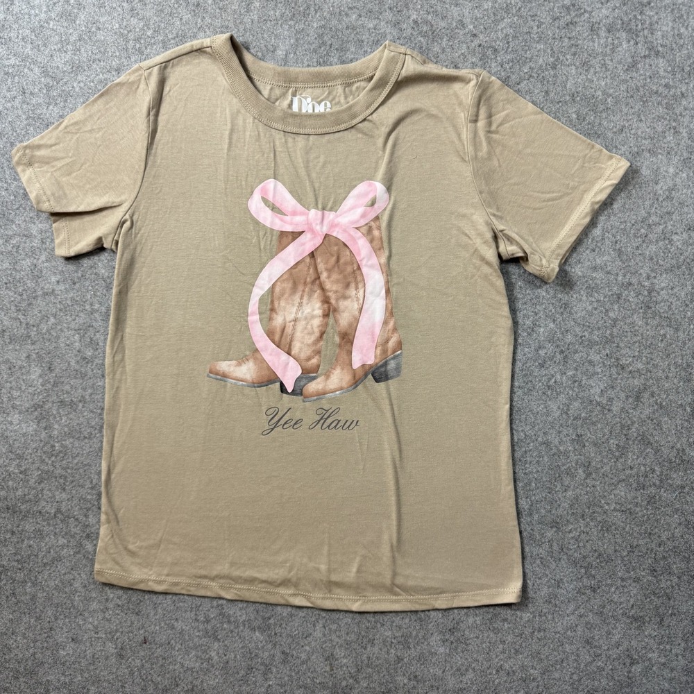 Doe Women Yee Haw Cowboy Boots Graphic Tee XS Tan Cotton Blend Pink Bow